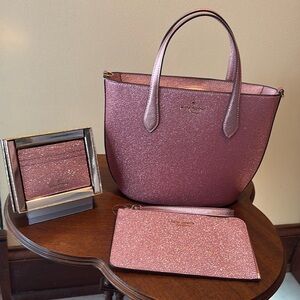 Kate Spade  Glitter mini tote  wristlet
Card holder  Mitten Pink 3 piece set NWT